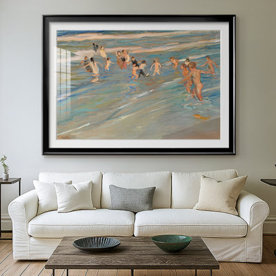 Running Along the Beach (Corriendo por la playa)-Joaquín Sorolla-Framed - Matted and Framed Under Acrylic Glass, Coastal Wall Art for Living Room