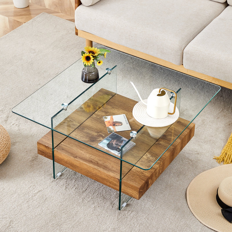 Table d'appoint moderne à deux niveaux de 31,4 pouces, verre transparent et texture de bois clair, table d'appoint / présentoir | Idée de cadeau