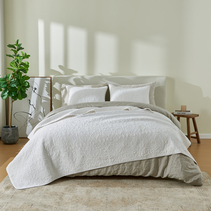 Ensemble de courtepointe 100% coton avec détails surpiqués Boho, Courtepointe double/grand et 2 taies décoratives