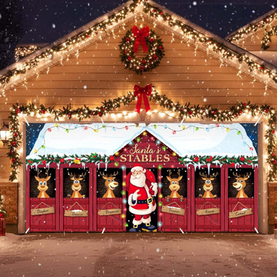 Bannière de Noël Père Noël 16 x 7 pi - Housse de porte de garage magnétique - Toile de fond festive pour l'intérieur et l'extérieur