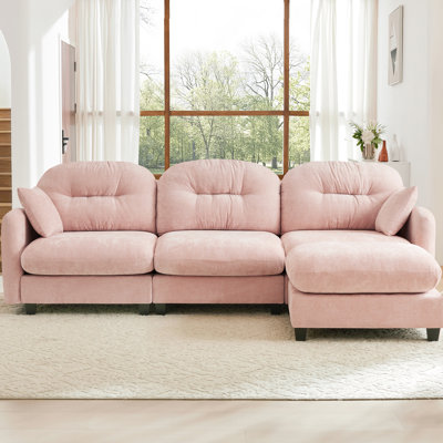 Canapé en L en forme de L 3 en rose, chenille, coussin, siège ergonomique, avec dossier mobile rose, dossier rembourré, matériau chenille, disposition flexible, pour la détente