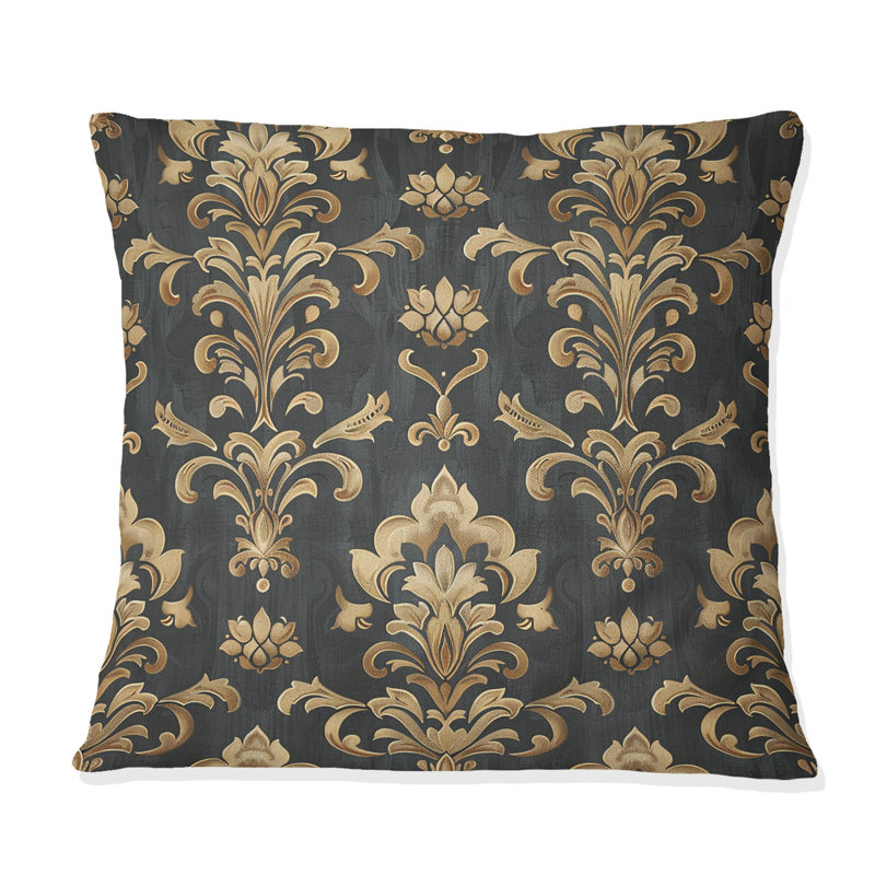 Imprimé damassé traditionnel brun et or III - Coussin décoratif traditionnel, H 18 po x l 18 po