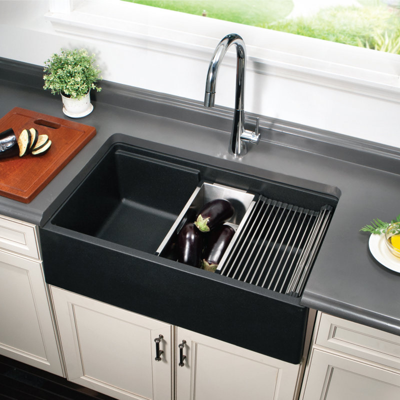 Houzer 33 in  Apron Front Granite Composite Workstation Sink w/ Accessories, Black