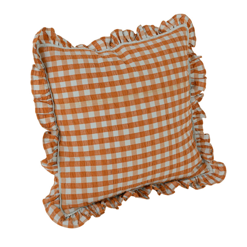 Cotton Gingham Ruffle Pillow in Mustard and Lavender, Lavender