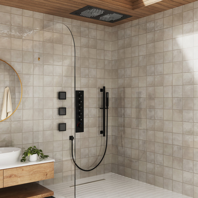 Rodeo 28"Lx16"W Flush Mounted 5-Function Thermostatic Complete Shower System with LED and Bluetooth Music, Matte Black