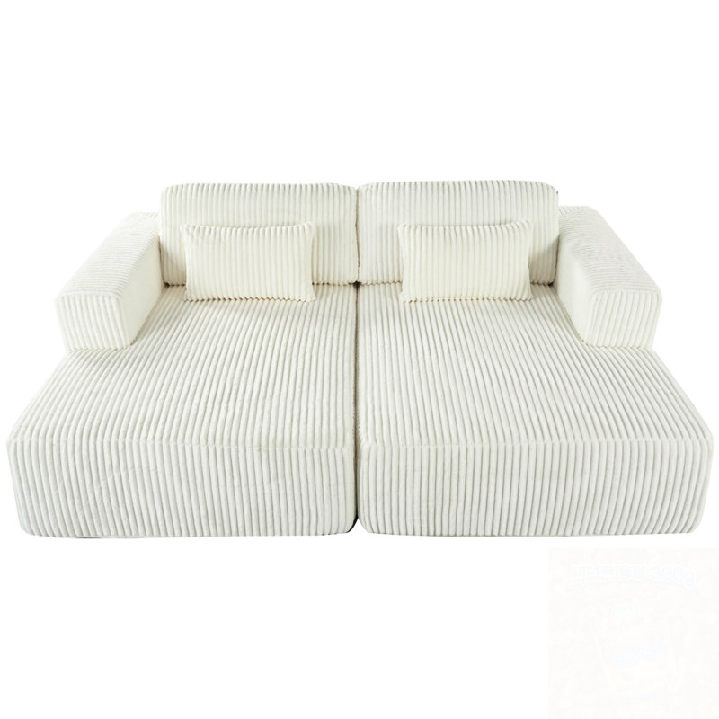Corduroy Double Sofa Bed With 2 Pillows, White Corduroy