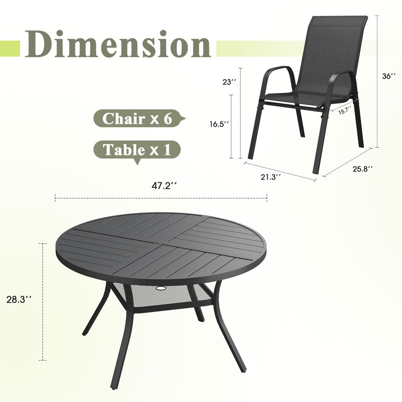 Ensemble de salle à manger de patio 6 personnes avec chaises empilables Textilene, Noir / Noir