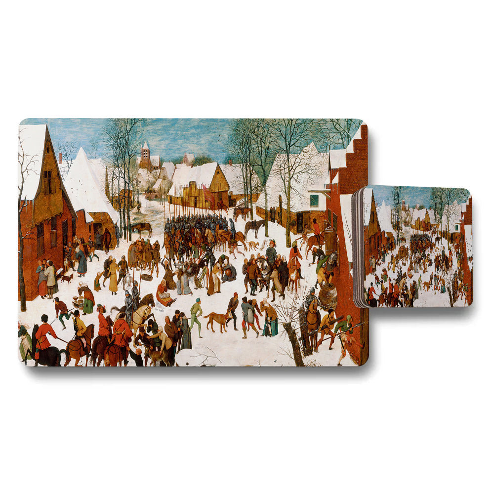 Winter Village Scene Placemat And Coaster Set Snowy Town Market Art