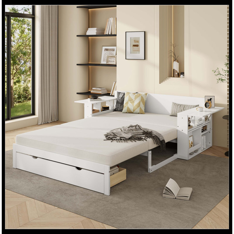 Full Size Daybed With Removable Desk, Storage Drawers & Hydraulic Side Table, White, White