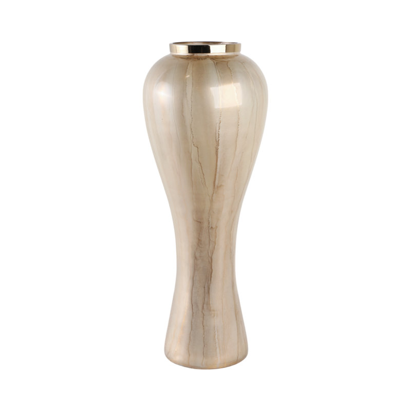 Silhouette Tall Glass Vase with Metal Rim for Home Table Decor - Modern Flower Vase Accent for Console Table or Living Room Styling - Ivory & Gold