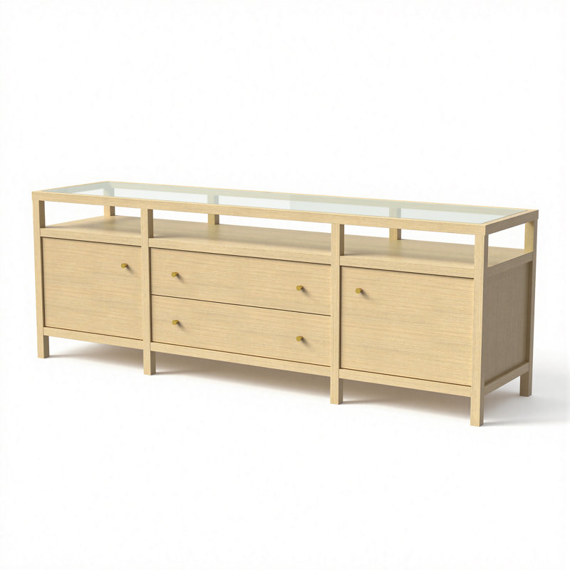 78'' Modern Solid Wood TV Stand With Clear Glass Top And Spacious Storage Cabinet