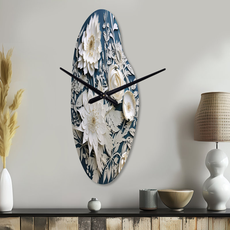 Bouquet de fleurs blanches et bleues Elegance - horloge murale asymétrique en métal, Grand