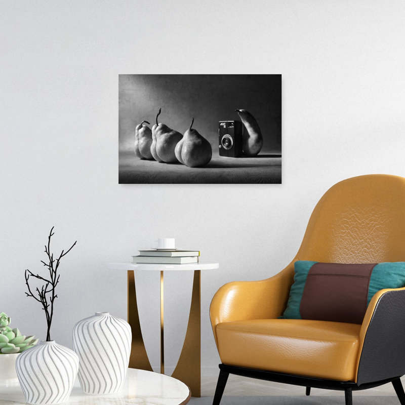 Monochrome Pears And Camera Classic Dramatic Elegant Fruit Wall Art Print by Victoria Glinka - Print, 40.64cm H x 60.96cm W