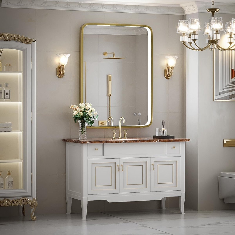 Miroir de salle de bain à DEL avec lumières - Miroir mural antibuée avec fonction de mémoire à intensité variable, cadre en métal antirouille, gradation continue pour un décor de salle de bain moderne
