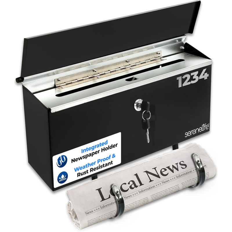 Outdoor Wall Mount Locking Mailbox with Newspaper Holder, Includes 2 Keys (Black)