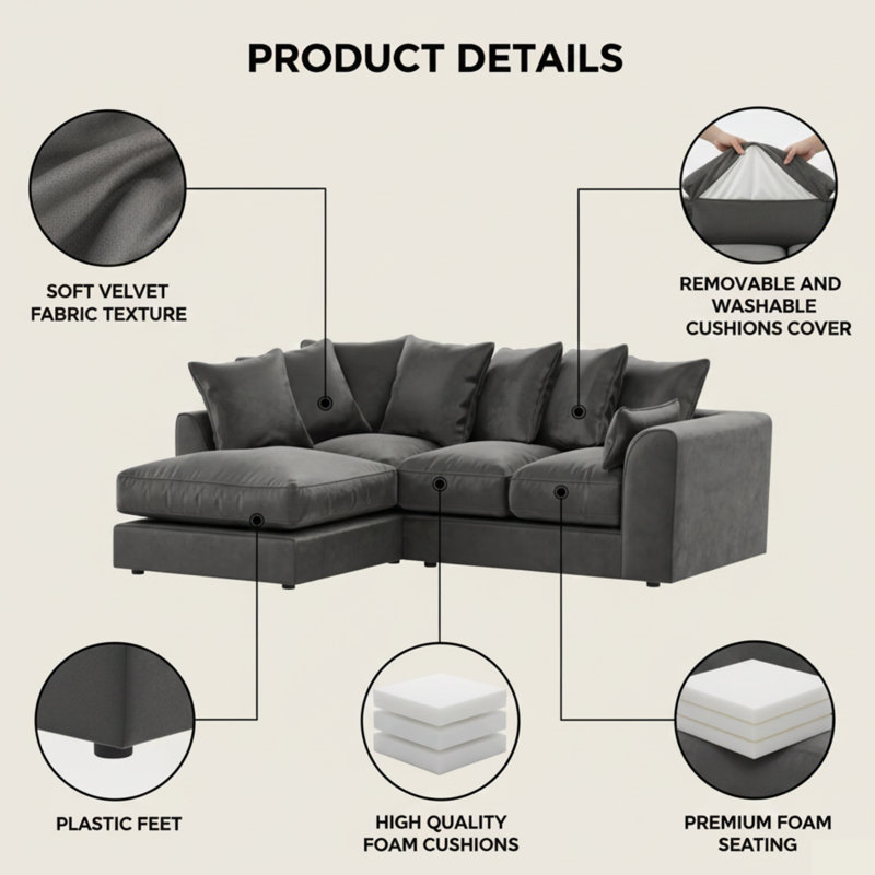4 Seater Velvet Sofa & Chaise, Grey, Left