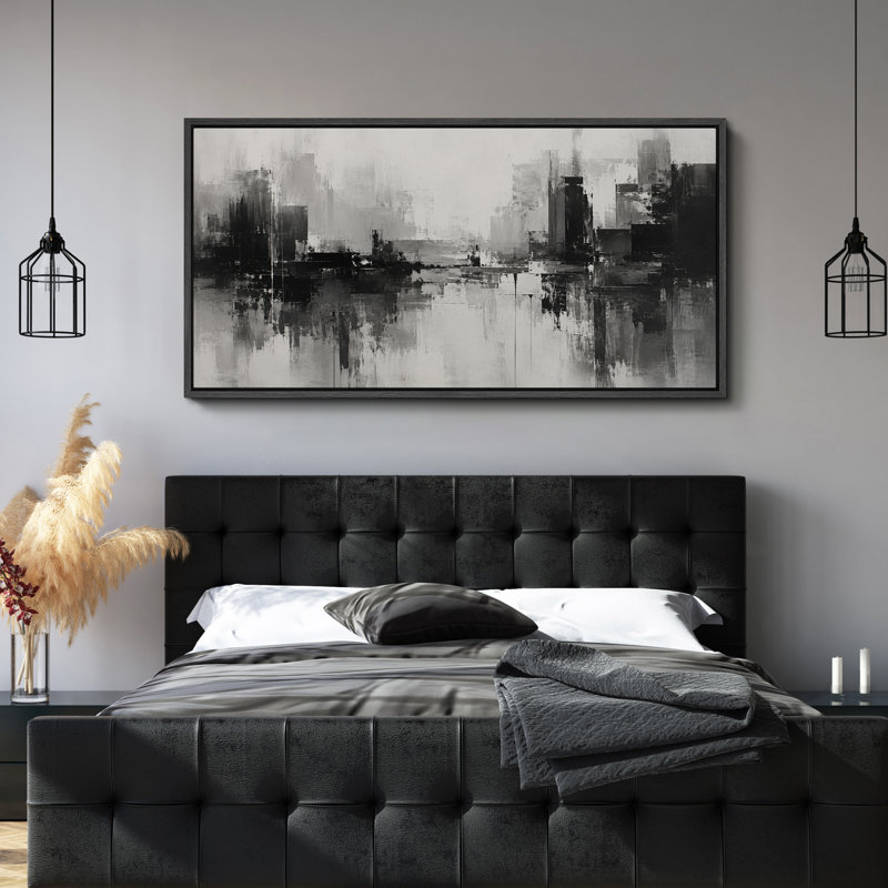 «Black White Urban Skyline Abstract», reproduction d'art sur toile encadrée, H 30 po x l 60 po x P 1,5 po, Noir