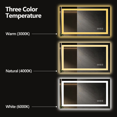 Miroir de salle de bain intelligent 77 x 36 pouces à DEL, éclairage à intensité variable, 3000 K, 4500 K, 6000 K choix de couleurs, brouillard intégré, Ul, miroir en verre trempé de 5 mm avec fonction, 3 réglages de température, mur intégré