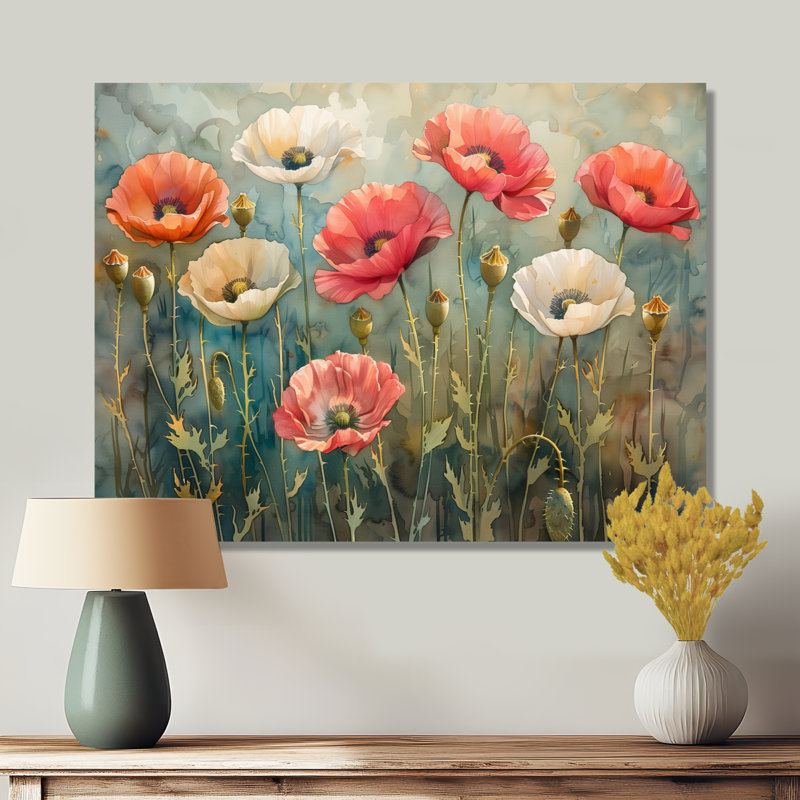 Fleurs de coquelicots roses et blanches Garden Party - coquelicots, salon d'art mural, Toile tendue, H 30 po x l 40 po