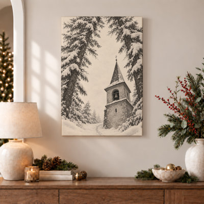 «Stone Bell Tower» encadrée par Snowy Pine Trees, art mural sur toile de Noël