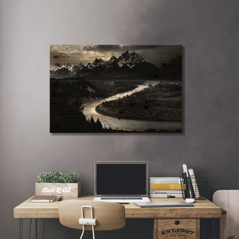 «The Tetons - Snake River» par Ansel Adams, impression sur bois sans cadre, L 26 po x H 18 po