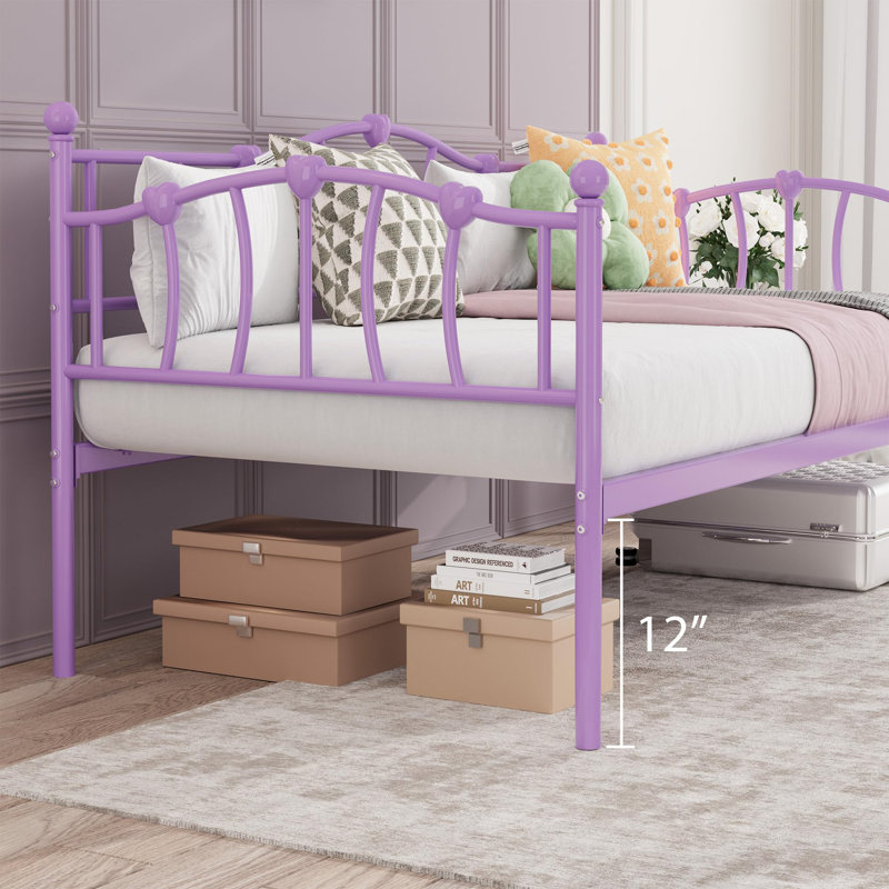 Twin Size Daybed, Sofa Bed Frame with Heart-Shaped Decoration and Steel Slat Support, Space-Saving, Purple