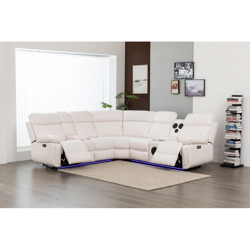 Palerem 98.5" Wide Vegan Leather Power Reclining Sectional with LED, USB and SubWoofer Sound System, White Faux Leather
