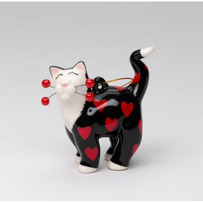 Ornement Chat à moustaches noires et cœurs rouges - 7,6 cm (H)