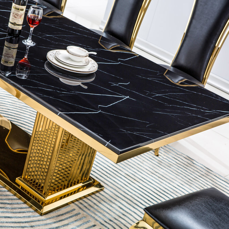 Table de salle à manger en marbre véritable Daniel-Louis de 87 po, Noir, Or