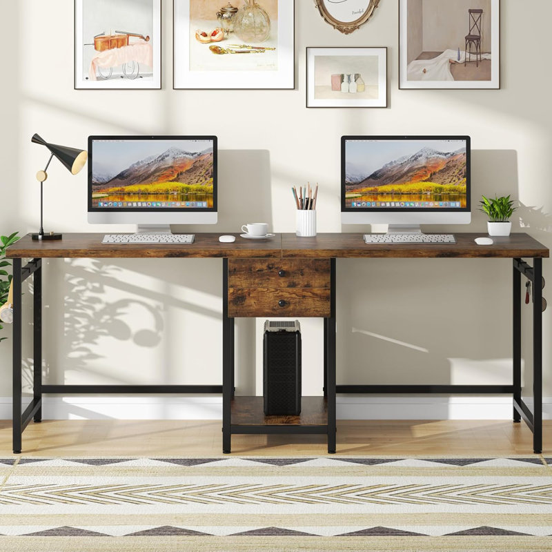 79-Inch Two Person Computer Desk With Drawers And Storage Shelves, Extra Long Double Workstation Table With Hooks, Industrial Writing Desk For Home Office