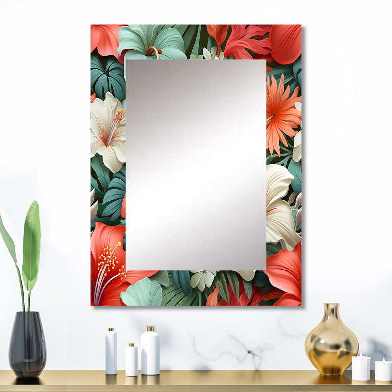 Motif tropical Chesterbrook Paradise Mirage - grand miroir mural tropical, botanique, miroir décoratif floral, impression d'art en métal