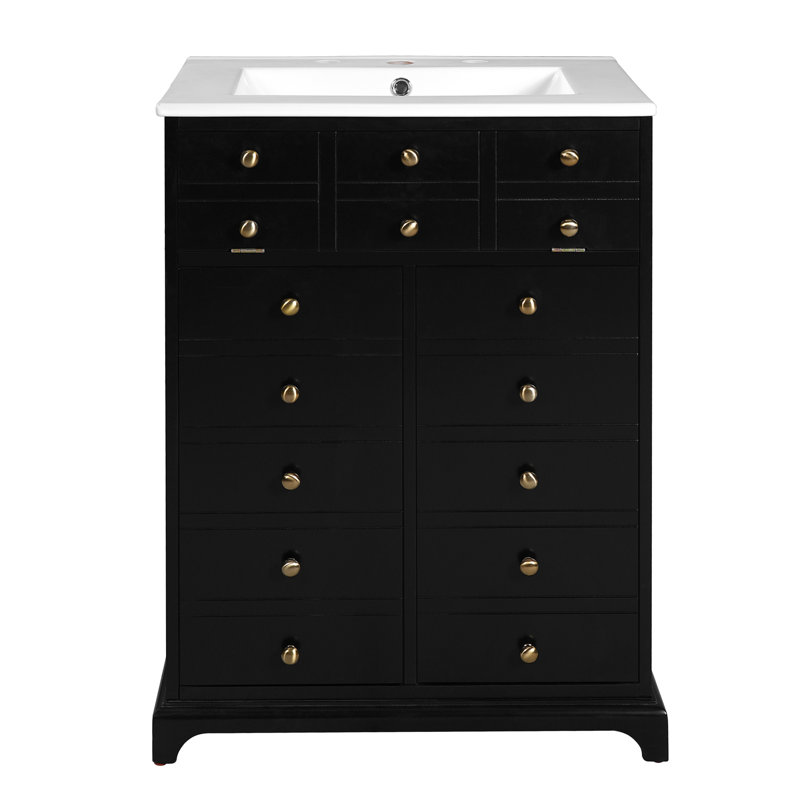 Meuble-lavabo de 24 po avec tiroir et deux portes à fermeture en douceur, armoire de rangement peinte moderne avec lavabo en céramique, meuble-lavabo simple élégant pour les petits espaces