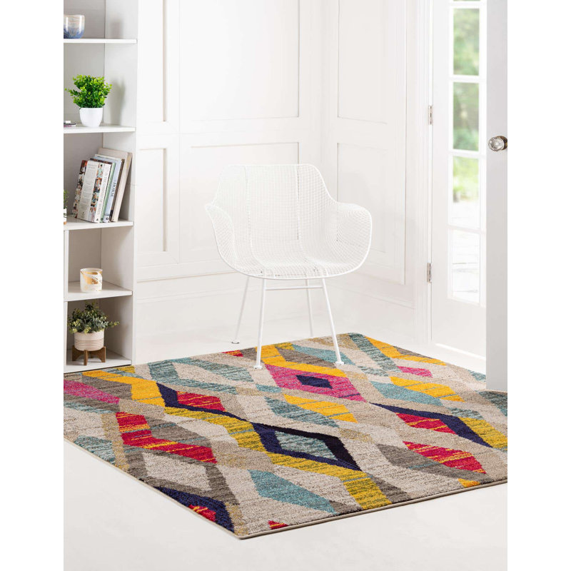 Lonniet Washable Geometric Indoor Rug, Square 6'1"