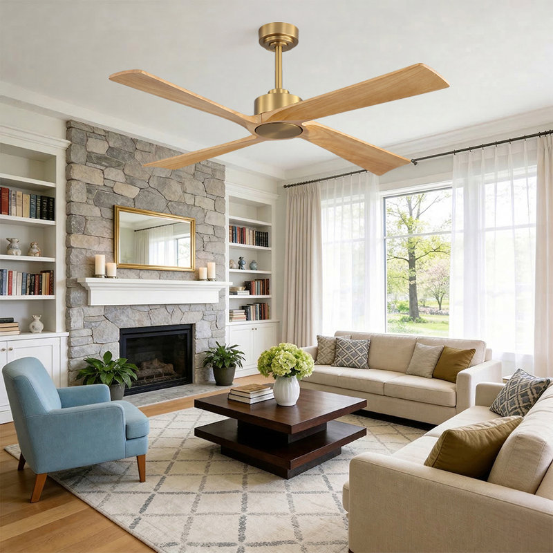 4-Soild Wood Blades Indoor Standard Ceiling Fan with Remote Down-Rod Mount, 54inch, NAB Gold, Beechwood color