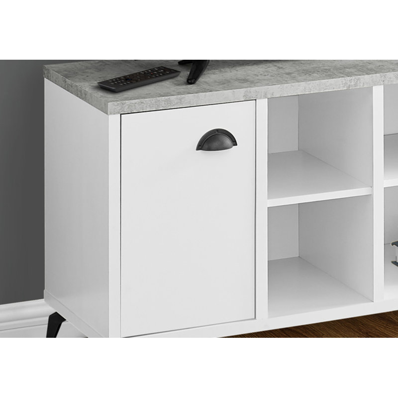  Meuble télé 47 po avec rangement ouvert et fermé en bois gris et blanc