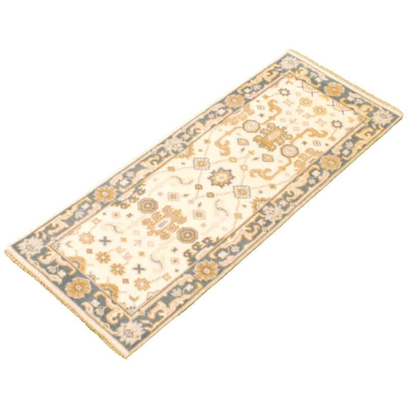 Tapis de couloir en laine noué à la main de conception unique noué à la main New Age 2 pi 5 po x 6 pi 1 po Tapis décoratif crème/bleu clair