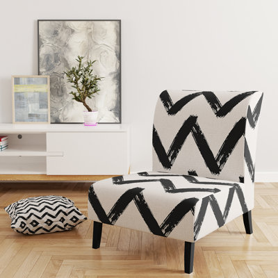Black Horizontal Chevron - Velvet Upholstered Patterned Accent Slipper Chair