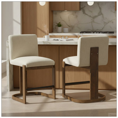 Ensemble de 2 tabourets de bar modernes en bois massif à hauteur de comptoir de 24 po avec îlot de cuisine revêtu de lin et pieds en bois au fini noyer pour café-bar Home, beige