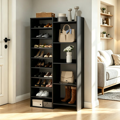 14 Tier Shoe Rack, 60" Tall Modern Shoe Organizer, Shoe Storage Cabinet With Open Cubbies, 30-pair Shoes Shelf Rack Organizer For Closet Living Room Entryway Hallway Closet, Black