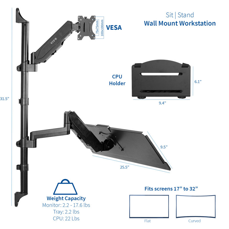 Black Steel Adjustable Wall Mount Workstation