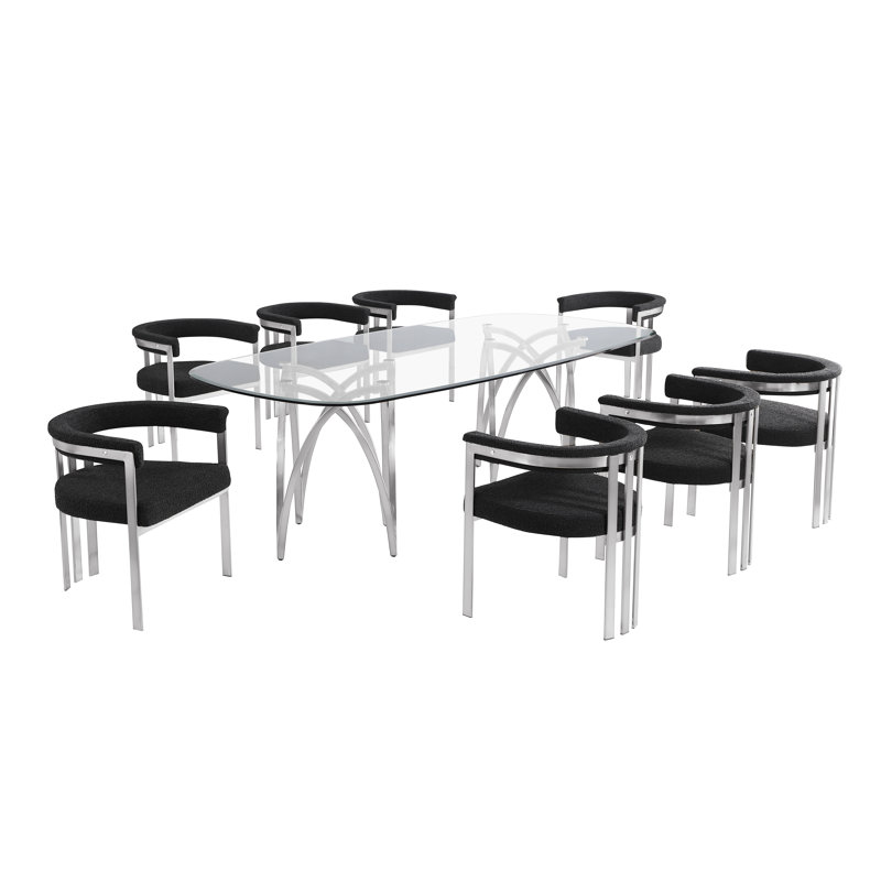 Ensemble de salle à manger en verre trempé Grandeur, Noir, noir, noir, noir, Argent argent