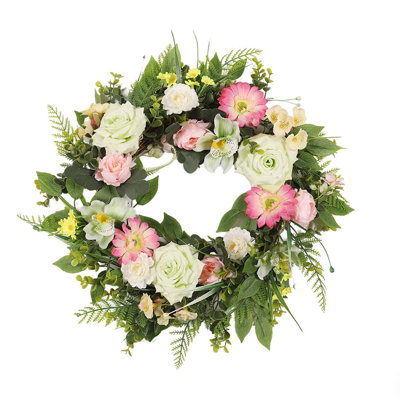 Couronne de fleurs pastel 19,7 "avec roses et marguerites pour la porte d'entrée