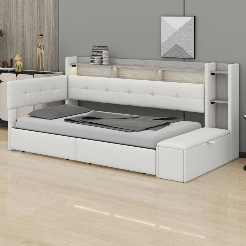Modern Daybed with Integrated Storage, Lights & Charging Ports, Beige