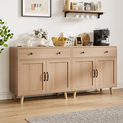 Natural Wood Freestanding Sideboard Buffet Cabinet, Accent Credenza with Drawers and Doors for Kitchen, Dining Room and Entryway