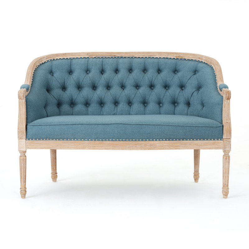 Atenea 49.5'' Upholstered & Birch Wood Loveseat, Blue, Antique Natural