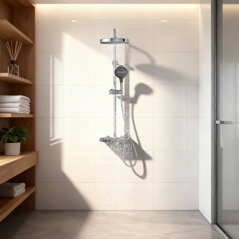 Système de douche à bouton-poussoir 3 fonctions avec douchette de pluie 10,8 po, douchette et baignoire, Chrome chrome