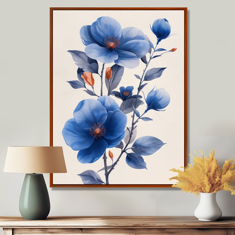 «Blue Cherry Blossom Beauty III» - art mural fleur de cerisier, Cadre flottant brun, H 30 po x l 40 po x P 1,5 po