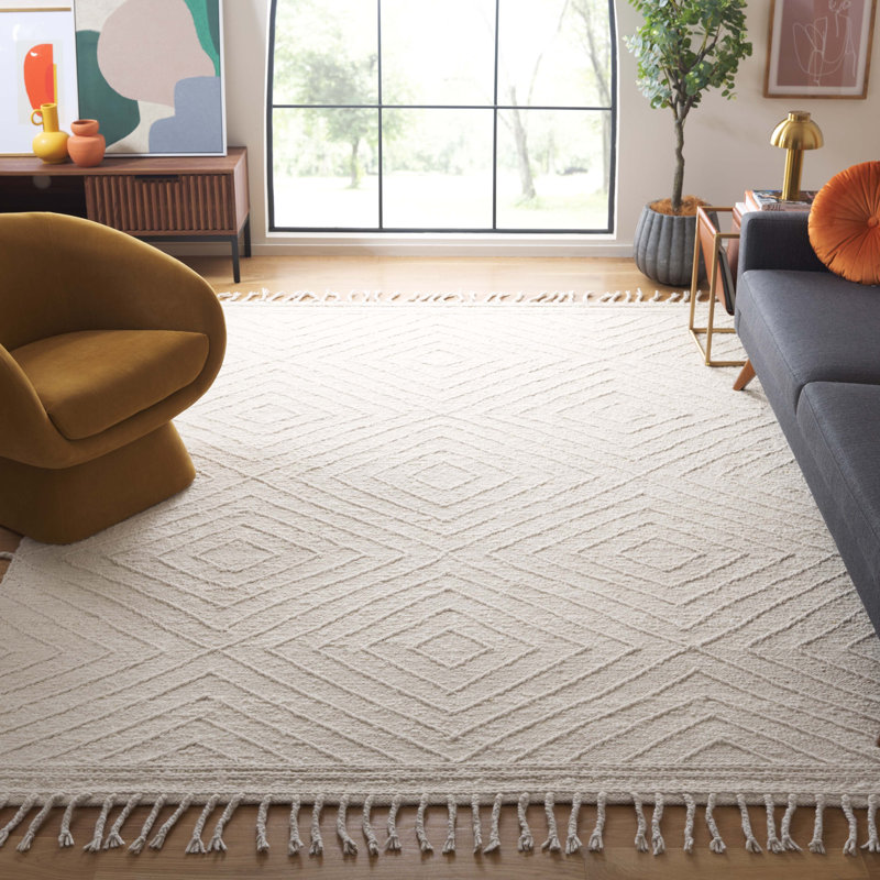 Baughman Handwoven Cotton/Wool Ivory Area Rug, Rectangle 8' x 10'