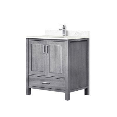 30 po Grand meuble-lavabo gris patiné avec comptoir en marbre, robinet en acier inoxydable, mécanisme de fermeture en douceur, rangement de tiroir intérieur avec comptoir, armoire de fermeture, comptoir