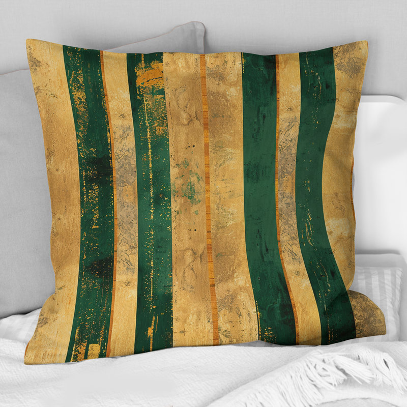 Coussin décoratif à rayures dorées et vertes II, H 16 po x l 16 po